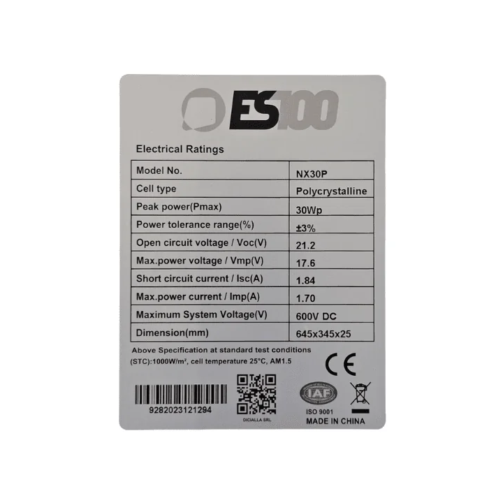 ES100 30W 12V Policristallino camper baita barca Pannello Solare Fotovoltaico